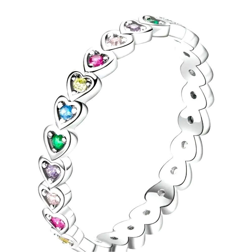 Eternity Ring in Heart Design Pave Colorful Gemstones in Silver Plated Sz 8 9 10